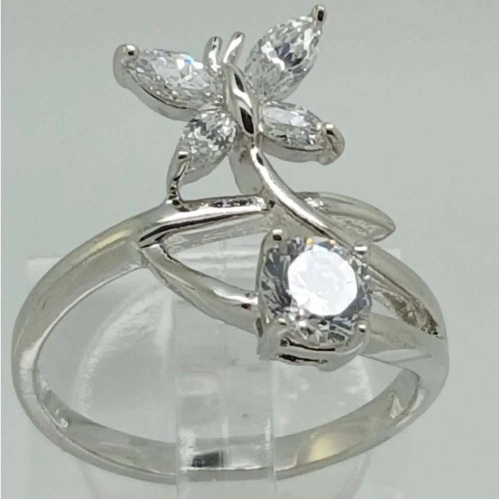 Vintage 1990s‎ Butterfly Bypass Ring Silver Tone Marquise Round Stones Size 7.5